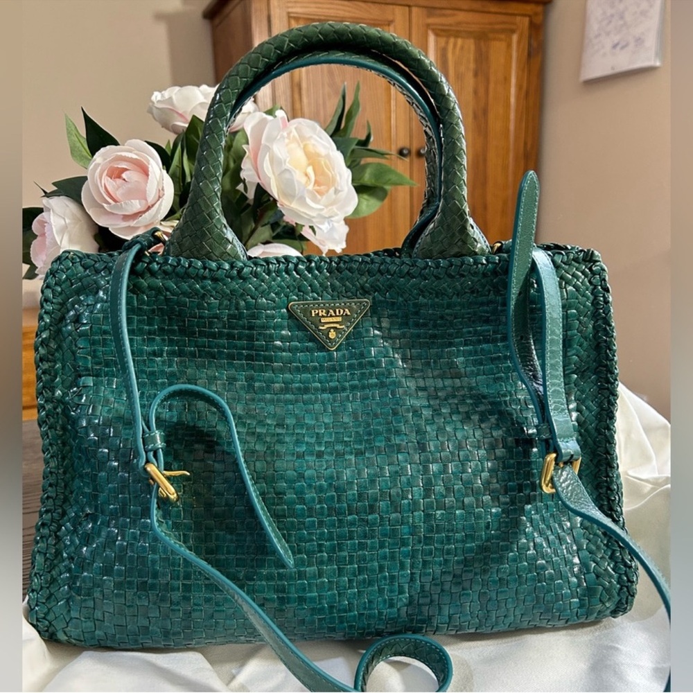 RARE PRADA PEACOCK GREEN MADRAS LEATHER TOTE BAG